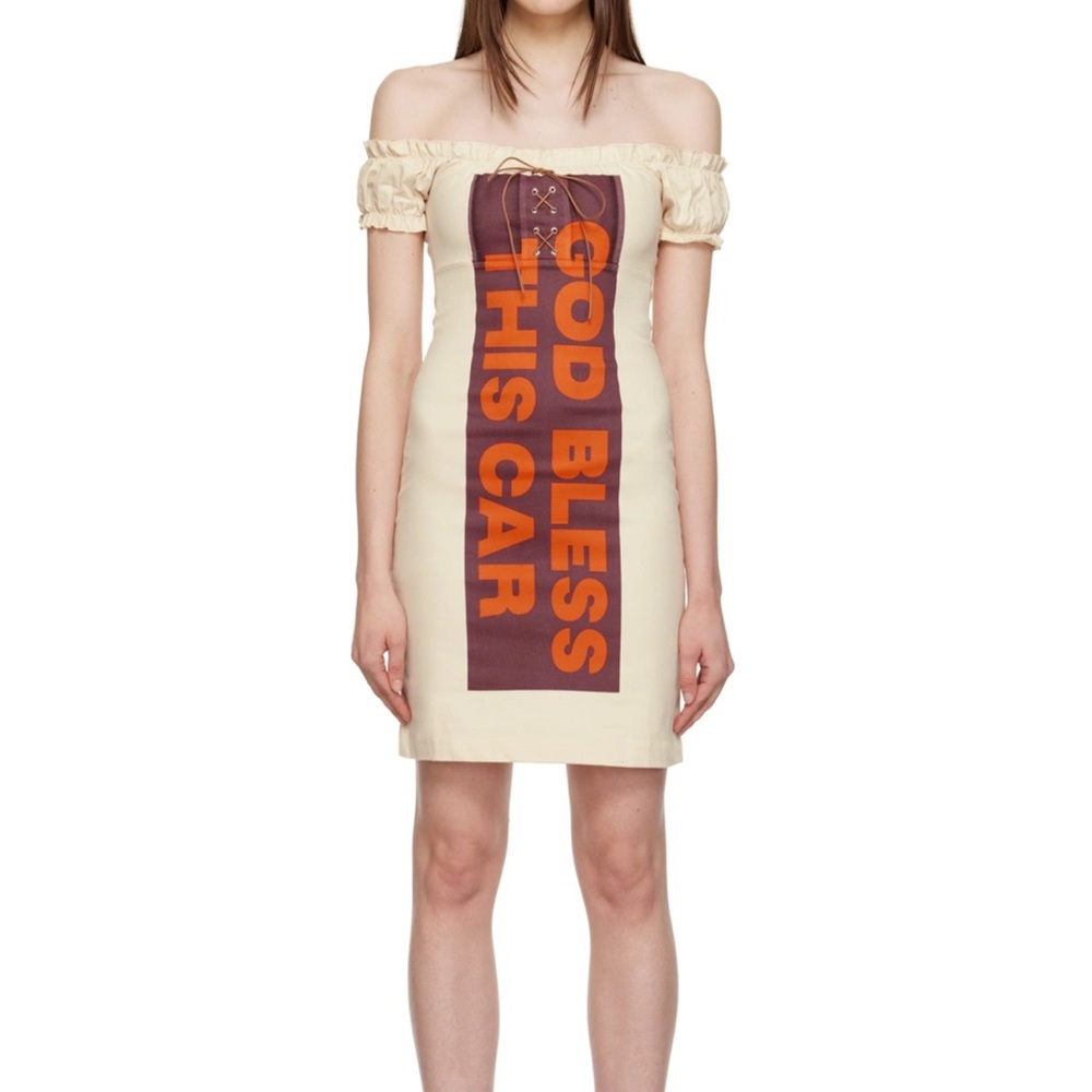 Nodress ‘God Bless This Car’ Off-Shoulder Cream Minidress with Orange Print